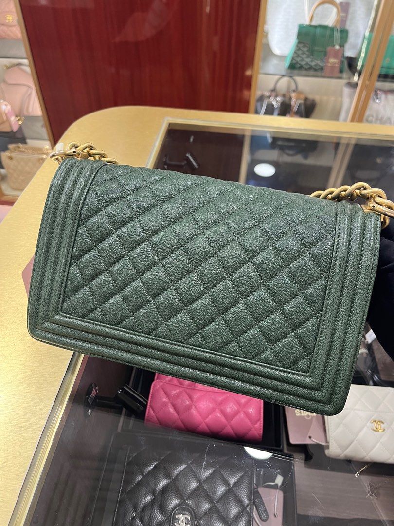 Chanel Le Boy Old Medium Greed Caviar GHW Series 26 (Category: Bags & Wallets) located in Singapore. Submitted by emishouseofluxe (Listing ID 1376855874, Image 2). Description: Price: $3800 Name: Le Boy Old Med Caviar Conditions: Very good Color: Green GHW S/N: 26 SKU: 2025062001 Comes with: dustbag WA us at 8200 6058 for purchase/ enquiries WA us at 9455 8330 for Consignment.
