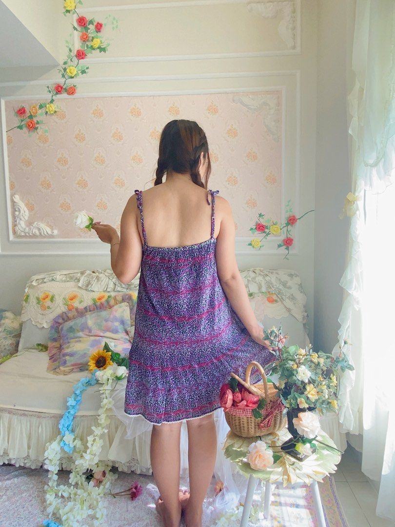 DR0140] Polyester Purple Summer Dress Floral Coquette Y2K