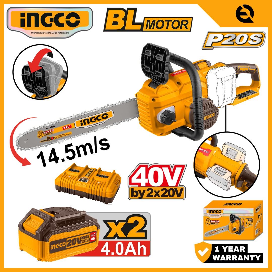 【FREE DELIVERY】INGCO 40V 16" CORDLESS CHAINSAW BRUSHLESS MOTOR LITHIUM-ION CGSLI401682