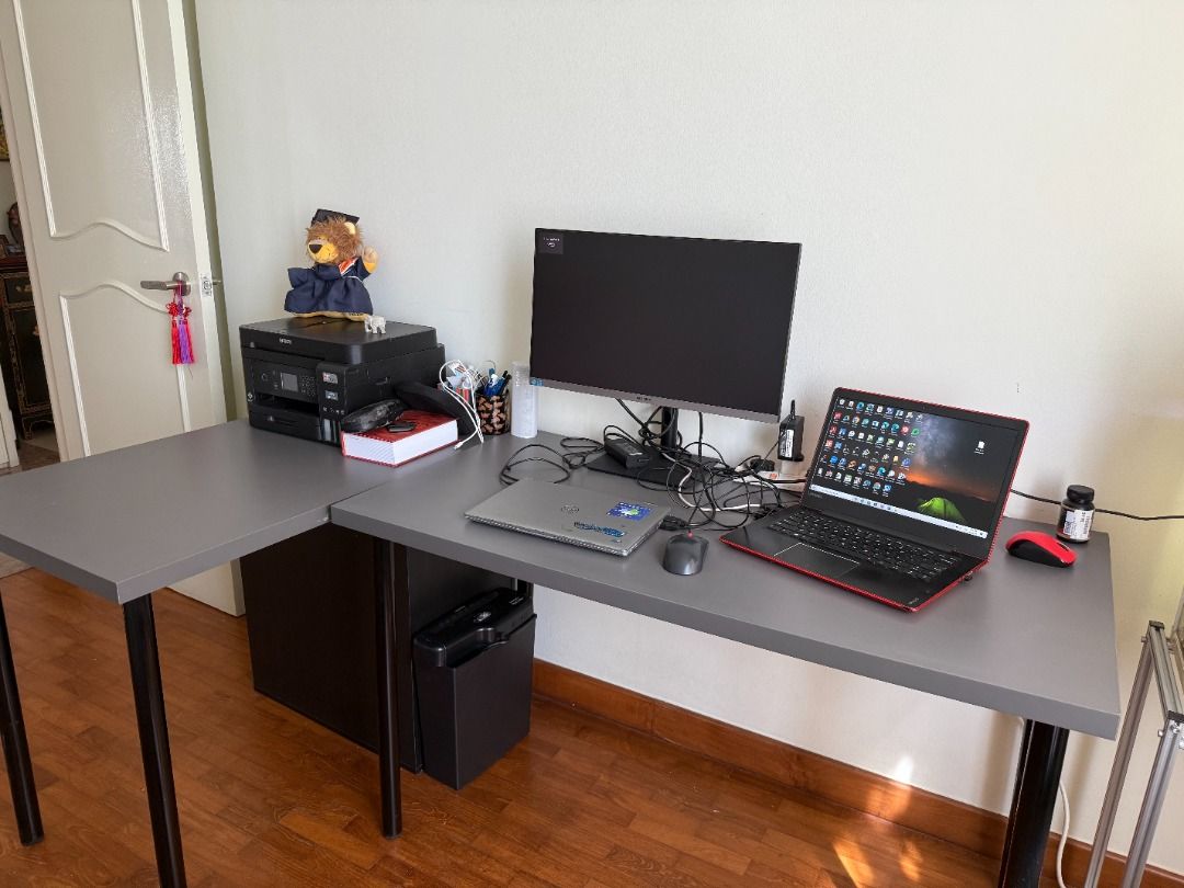 Grey L-Shaped Computer Desk, Furniture & Home Living, Furniture, Tables ...