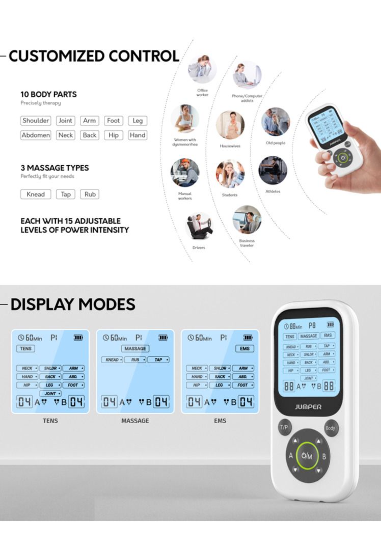 Jumper 41 Programs 3 In 1 TENS EMS Massage (Category: Massage Devices) located in Caloocan City. Submitted by latestgadgetph (Listing ID 1376895049, Image 3). Description: SKU: LGJPRJPDESWHT-1182941 Features: 2 independent channels: Available for 2 users or body parts at same time 41 treatment programs: 20 TENS program, 18 EMS Program, 3 Massage programs for freely choosing 15 levels intensity: Adjustable intensity of treatment at any time, bette