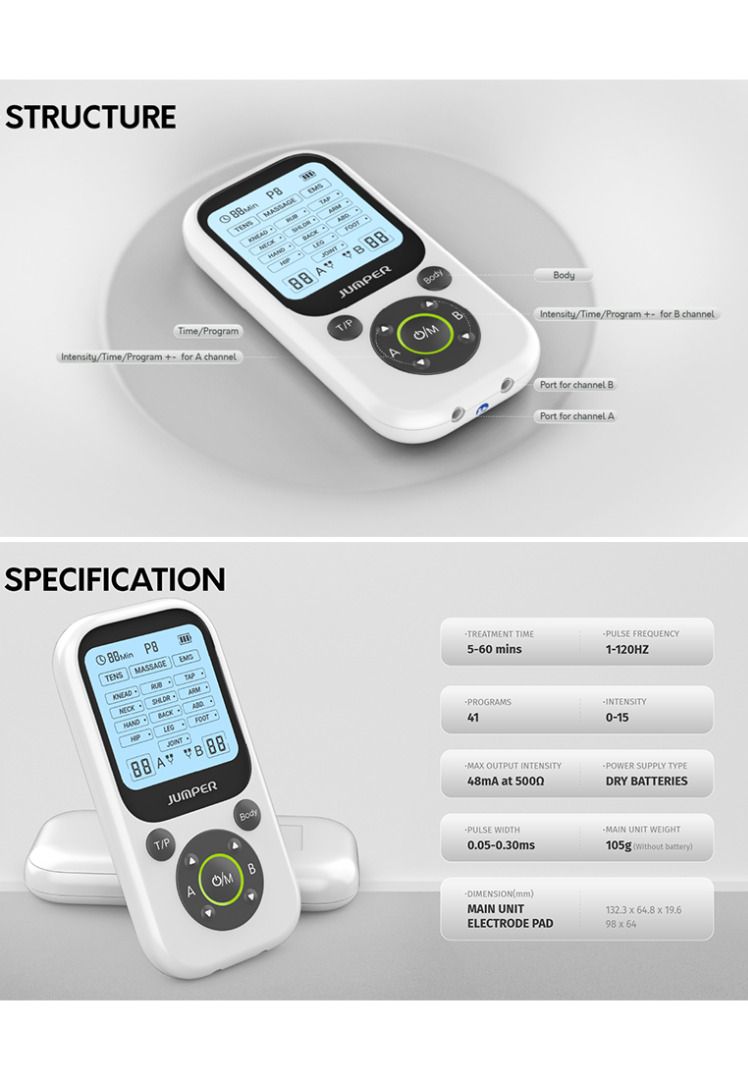 Jumper 41 Programs 3 In 1 TENS EMS Massage (Category: Massage Devices) located in Caloocan City. Submitted by latestgadgetph (Listing ID 1376895049, Image 2). Description: SKU: LGJPRJPDESWHT-1182941 Features: 2 independent channels: Available for 2 users or body parts at same time 41 treatment programs: 20 TENS program, 18 EMS Program, 3 Massage programs for freely choosing 15 levels intensity: Adjustable intensity of treatment at any time, bette