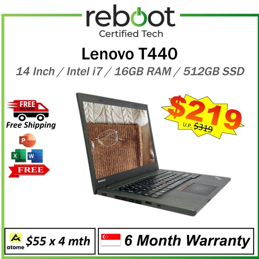 Lenovo 14 Inch i7 Laptop (T440) - 512GB SSD - Like New Condition - Free MS Office - Windows 11 - 14 inch Laptop - Good Battery Life ! (Category: Laptops & Notebooks) located in Singapore. Submitted by buyatfuji (Listing ID 1376942896, Image 1). Description: Click here for more special deal !!!! https://www.carousell.sg/u/buyatfuji/ 👨‍🔧 FREE Additional 3 𝐌𝐨𝐧𝐭𝐡 𝐖𝐚𝐫𝐫𝐚𝐧𝐭𝐲 !! First 10 set only !!! 🎀 𝐓𝟒𝟒𝟎 𝐈𝐧𝐭𝐞𝐥 𝐢𝟓 4+128 - $21