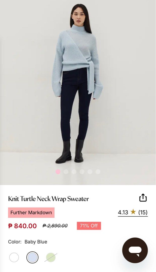 Love bonito knit turtle neck wrap sweater (Category: Longsleeves) located in Quezon City. Submitted by mechanicalprincess (Listing ID 1376964522, Image 1). Description: 55% acrylic, 22% nylon, 15% wool Size small Color baby blue See garment size on the last photo Rfs: a bit small on me. Prefer to be a little loose .