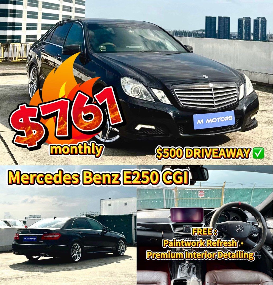 Mercedes-Benz E-Class Saloon E250 CGI (A) (Category: Used Cars) located in Singapore. Submitted by 500driveawaydeals (Listing ID 1320311395, Image 1). Description: 💙$500 Driveaway - All Cars Applicable!💙 🔹FREE INSURANCE & 1ST MONTH INSTALMENT 🔹 Same Day Loan Approval | Low Interest 1.48% Onwards Mercedes-Benz E-Class E250 CGI Reg. Year 2010 | Remaining 4y 10m Bank Loan ~$761 with 30% d.p ($15K) Full Loan ~$1151 with $3388 driveaway High Loan 