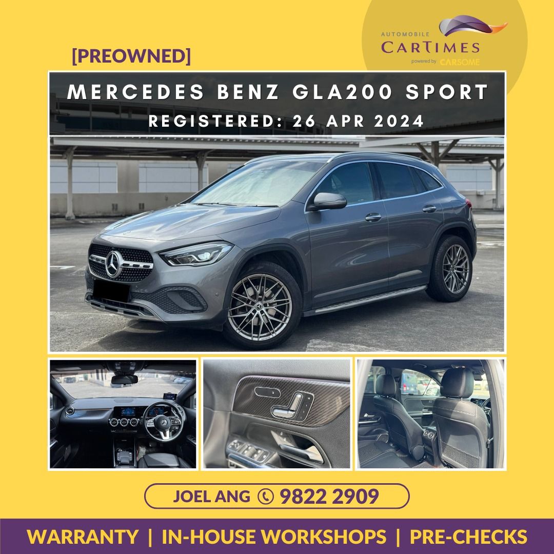 Mercedes-Benz GLA-Class GLA200 Sport (A) (Category: Used Cars) located in Singapore. Submitted by j.angauto (Listing ID 1376918264, Image 1). Description: Condition as good as new!! Key Specs: *1,332 Cc 4-cylinder in-line 16-valve Turbocharged ( 160hp | 250 Nm )* *7G-DCT Auto* *19" Sports Rims (Upgraded)* Key Features: *Ambient Lighting (Installed externally)* *Electric & Memory Seatings [Both driver + front passenger] (Installed externally)* *Si