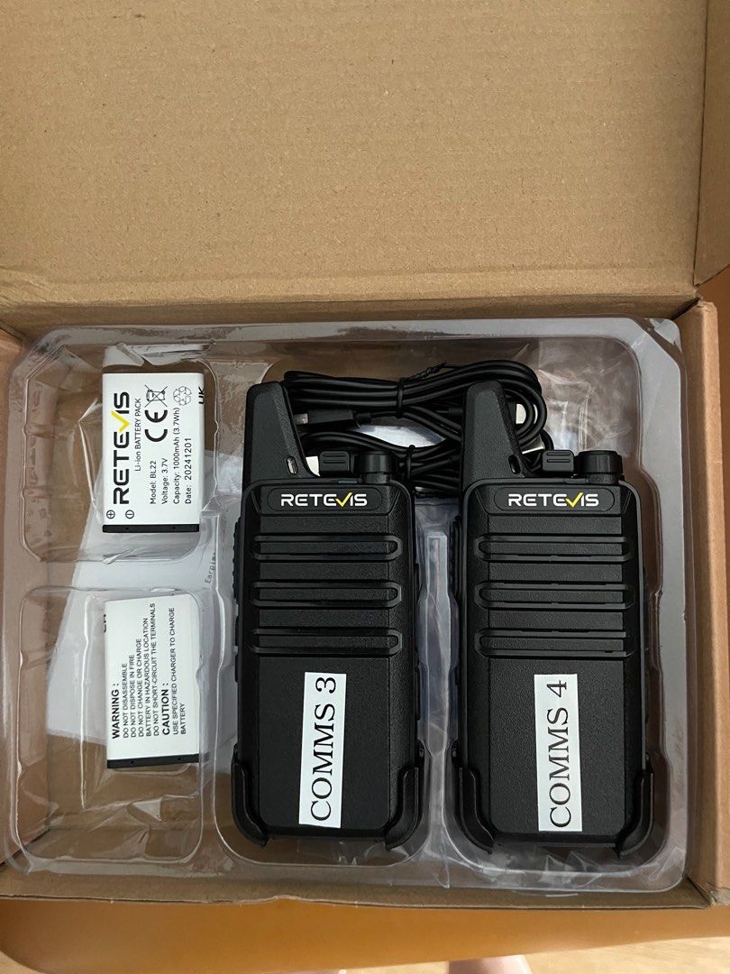 Retevis Walkie Talkies - RT622 (Category: Walkie-Talkie) located in Singapore. Submitted by trent96 (Listing ID 1376835772, Image 1). Description: New Retevis walkie talkies, model RT622. Includes batteries and charging cable. Ready to use. Perfect for communication in various settings. See photos for details. 2 sets of 2 is available. Looking to clear both sets. Each set contains picture shown. 2 sets for $50..