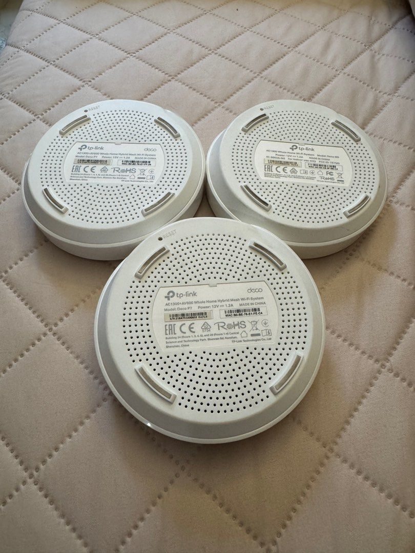 TP-Link Deco P7 & M5 WiFi Mesh System (Category: Networking) located in Singapore. Submitted by woof8 (Listing ID 1376908872, Image 2). Description: Selling a TP-Link Deco P7 (2 units) and M5 (1 unit) Mesh System. Each comes with 3 pin power adapters. In good working condition. Provides seamless WiFi coverage throughout your home. Easy to set up and manage via the Deco app. 1 pc: $18 3 pc: $45.