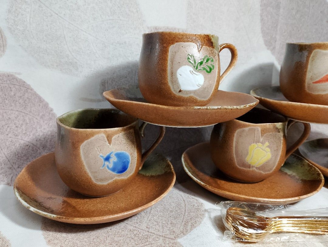 Veggie Print Stoneware Demi Cups & Saucers Set (Category: Coffee & Tea Tableware) located in Valenzuela. Submitted by buylaaaaa (Listing ID 1376888087, Image 2). Description: 15pc set *5 cups *5 saucers *5 teaspoons Unused VGC Handpicked Thrifted.