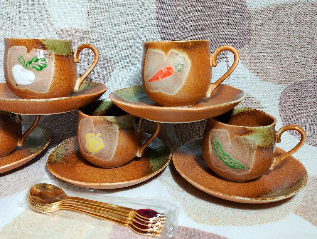 Veggie Print Stoneware Demi Cups & Saucers Set (Category: Coffee & Tea Tableware) located in Valenzuela. Submitted by buylaaaaa (Listing ID 1376888087, Image 3). Description: 15pc set *5 cups *5 saucers *5 teaspoons Unused VGC Handpicked Thrifted.