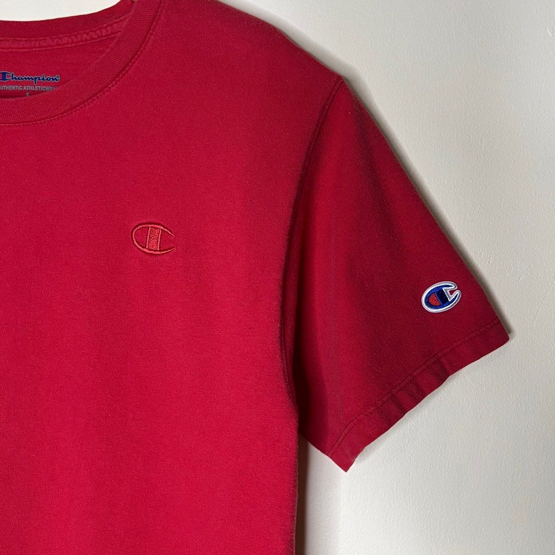 Champion red t-shirt (Category: Tshirts & Polo Shirts ) located in Lubao. Submitted by hydrogenph (Listing ID 1377118361, Image 2). Description: Size: S on tag Width: 18 Length: 26.
