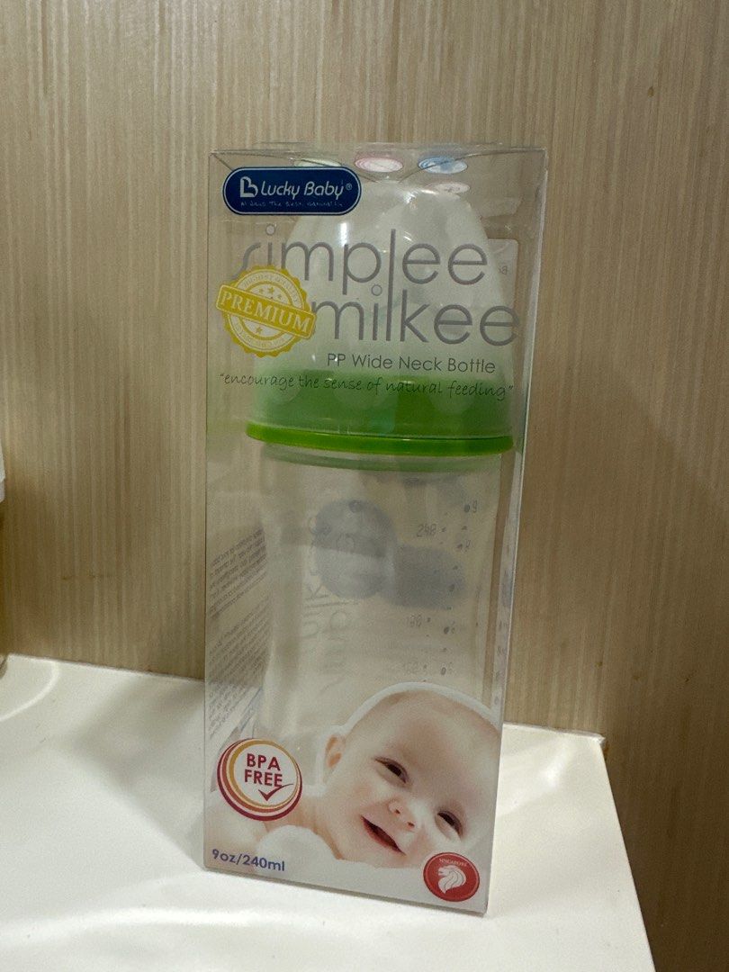 Lucky Baby Simplee Milkee PP Wide Neck Bottle (Category: Breastfeeding & Bottle Feeding) located in Singapore. Submitted by psyduckquackquack (Listing ID 1377163407, Image 1). Description: Brand new Lucky Baby Simplee Milkee PP Wide Neck Bottle. BPA-free and designed to encourage a natural feeding experience. 9oz/240ml capacity. Perfect for your little one!.