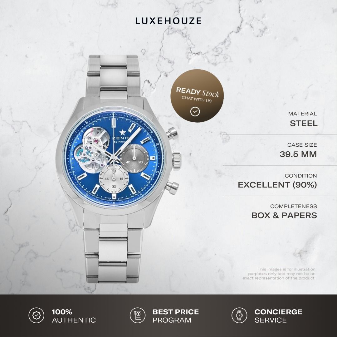 Mint Oct 2022 Zenith Chronomaster Open Boutique Edition 03.3300.3604/51.M3300 Blue (Category: Watches) located in Singapore. Submitted by luxehouze (Listing ID 1368971029, Image 1). Description: Luxehouze is your trusted marketplace to buy and sell luxury goods. Luxehouze SG Pte Ltd is a licensed luxury goods marketplace and regulated dealer. WHY US? 100% Authentic with Money-Back Guarantee Best Price Program* Luxury Sourcing * T&Cs apply. OUR SE