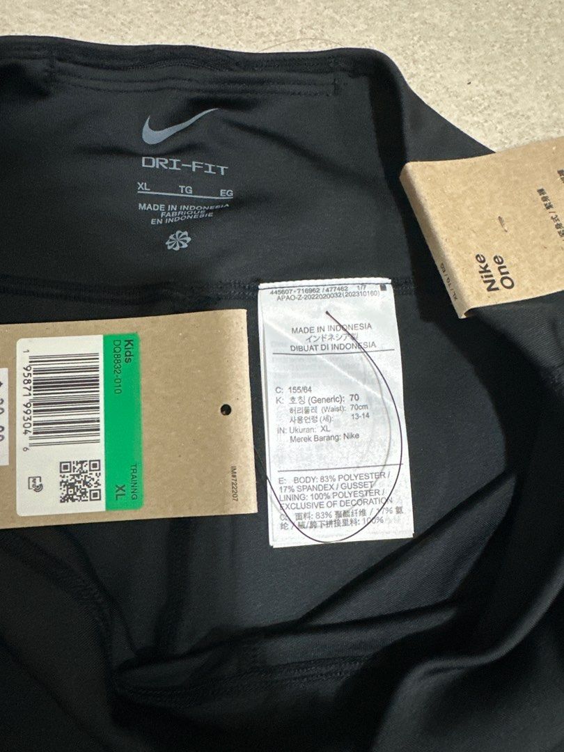Nike One Dri-FIT Shorts - XL (kids 164cm) (Category: Babies & Kids Fashion) located in Singapore. Submitted by kcnew (Listing ID 1377167641, Image 2). Description: Brand new Nike One Dri-FIT shorts in size XL. Made with Dri-FIT technology for optimal comfort. Features a sleek black design with the iconic Nike logo. Perfect for workouts or casual wear. Made in Indonesia..