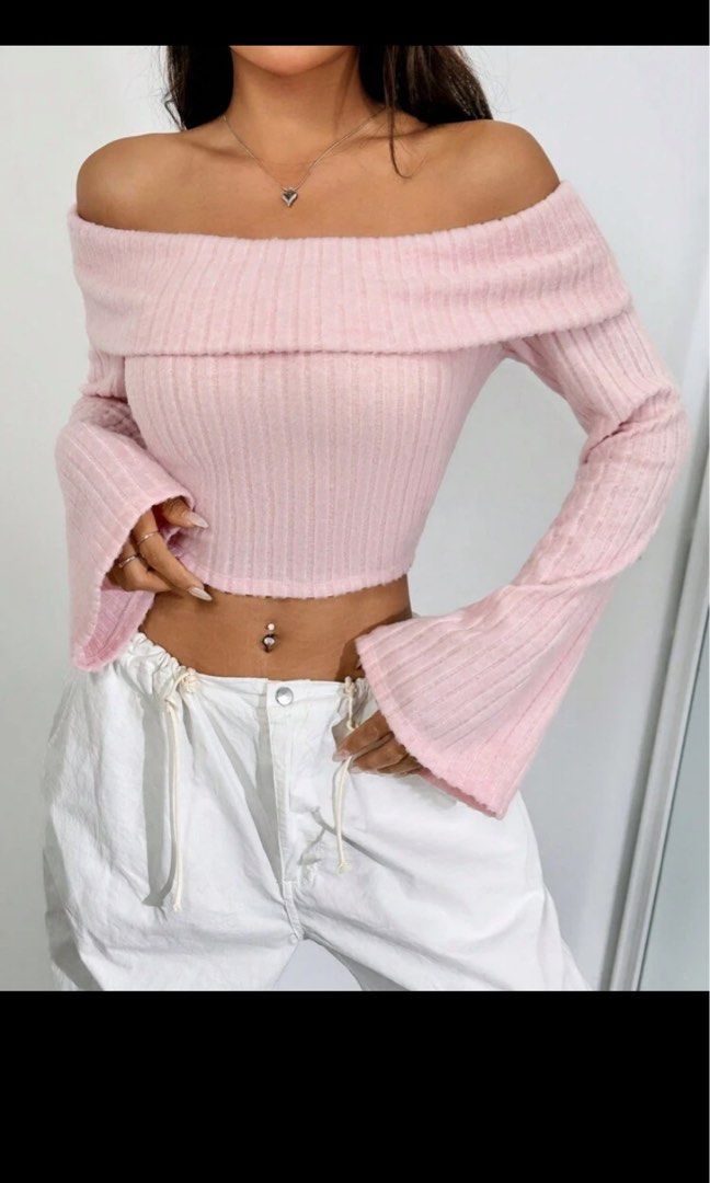 SHEIN Pink longsleeves off shoulder (Category: Longsleeves) located in Pasig City. Submitted by skydecluttering (Listing ID 1377020949, Image 2). Description: used once can fit s-m good quality fabric.