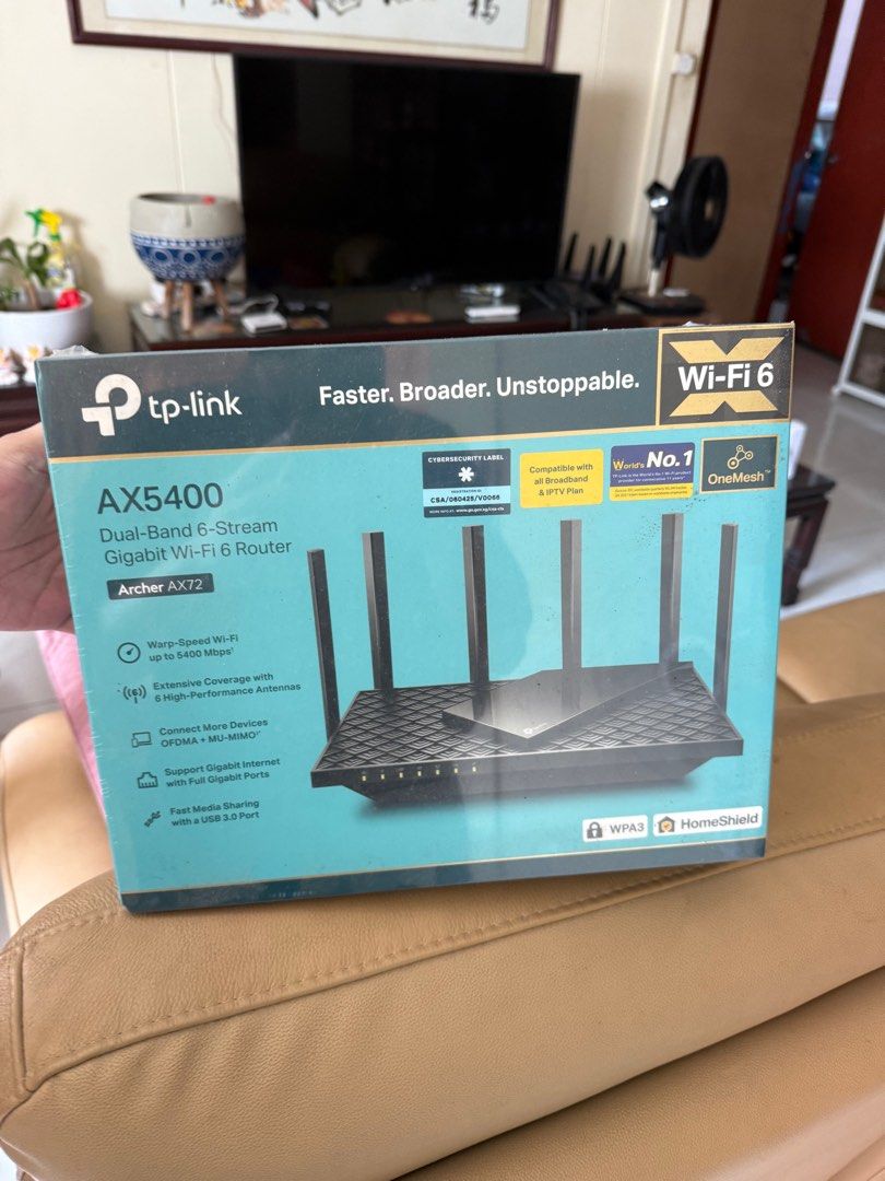 TP-Link AX5400 Dual-Band Gigabit Wi-Fi 6 Router (Category: Networking) located in Singapore. Submitted by kennethlim1997 (Listing ID 1377093192, Image 1). Description: Selling a brand new TP-Link AX5400 Wi-Fi 6 router. It offers dual-band 6-stream Gigabit speeds, extensive coverage, and supports multiple devices with OFDMA and MU-MIMO. Features a USB 3.0 port for fast media sharing. Perfect for a fast and reliable home network..