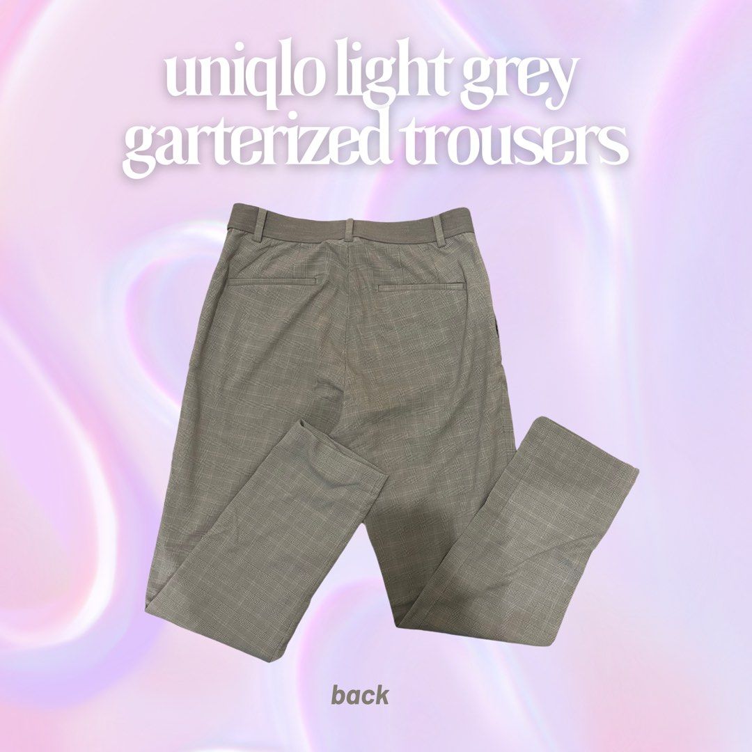 Uniqlo Light Grey Garterized Trousers (Category: Other Bottoms) located in Manila. Submitted by kkkkae_preloved (Listing ID 1377133082, Image 2). Description: - Color: Light Grey (may appear different due to lighting) - In good condition - Needs stitching on the garter and right hem (see photos) - NO holes/ stains .