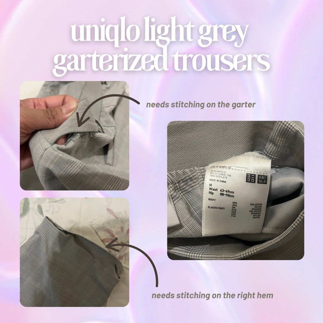 Uniqlo Light Grey Garterized Trousers (Category: Other Bottoms) located in Manila. Submitted by kkkkae_preloved (Listing ID 1377133082, Image 3). Description: - Color: Light Grey (may appear different due to lighting) - In good condition - Needs stitching on the garter and right hem (see photos) - NO holes/ stains .
