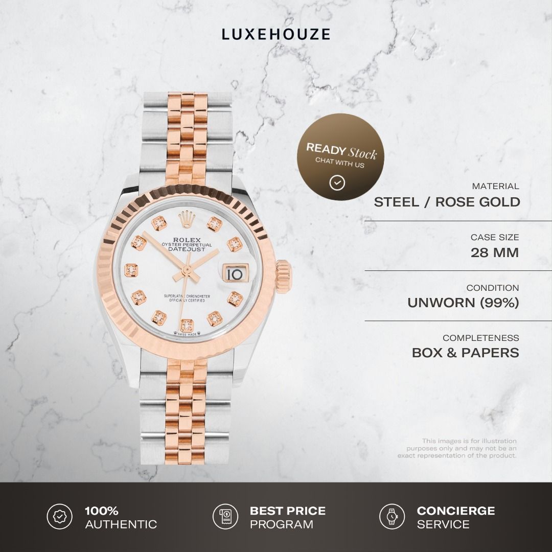 Unworn May 2025 Rolex Lady Datejust 28 279171NG 279171 MOP with 10 Diamonds Dial Jubilee (Category: Watches) located in Singapore. Submitted by luxehouze (Listing ID 1301359650, Image 1). Description: Join our Community for special deals and latest arrivals! //bit.ly/LHWatchesSG Watch Details: SKU: 0014615 Condition: Unworn (99%) Dial: White Mother of Pearl Year: 2025 Completeness: Box & Papers This item is available at Luxehouze Boutique Singapo
