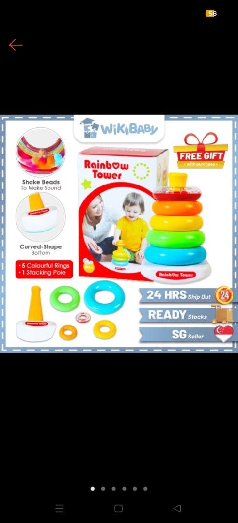 WikiBaby Rainbow Tower Stacking Toy - Free Gift (Category: Infant Playtime) located in Singapore. Submitted by allmazgoo (Listing ID 1377051535, Image 1). Description: - WikiBaby Rainbow Tower - Educational and fun toy for toddlers - Features colorful stacking rings - Includes shake beads for sound - Carved-shaped base - Ready stock & ships within 24 hours - Comes with a free gift!.