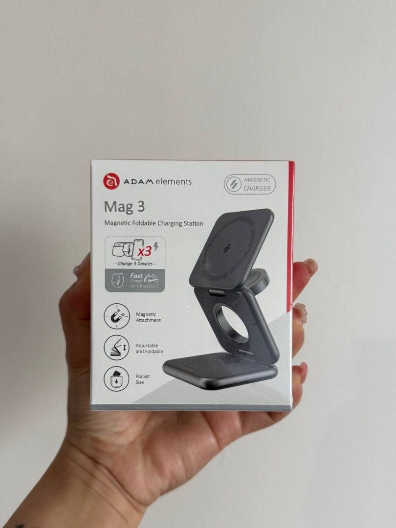ADAM ELEMENTS Mag 3 Magnetic 3-in-1 Foldable Charging Station (Category: Chargers & Cables) located in Makati City. Submitted by vebchan02410 (Listing ID 1377344766, Image 1). Description: Mag 3: 3-in-1 charging station for your Apple products. Its foldable design and fast 15W USB-C charging make it perfect for home or travel. Enjoy safe and convenient charging with secure magnetic connections and advanced protection features, all while keeping y