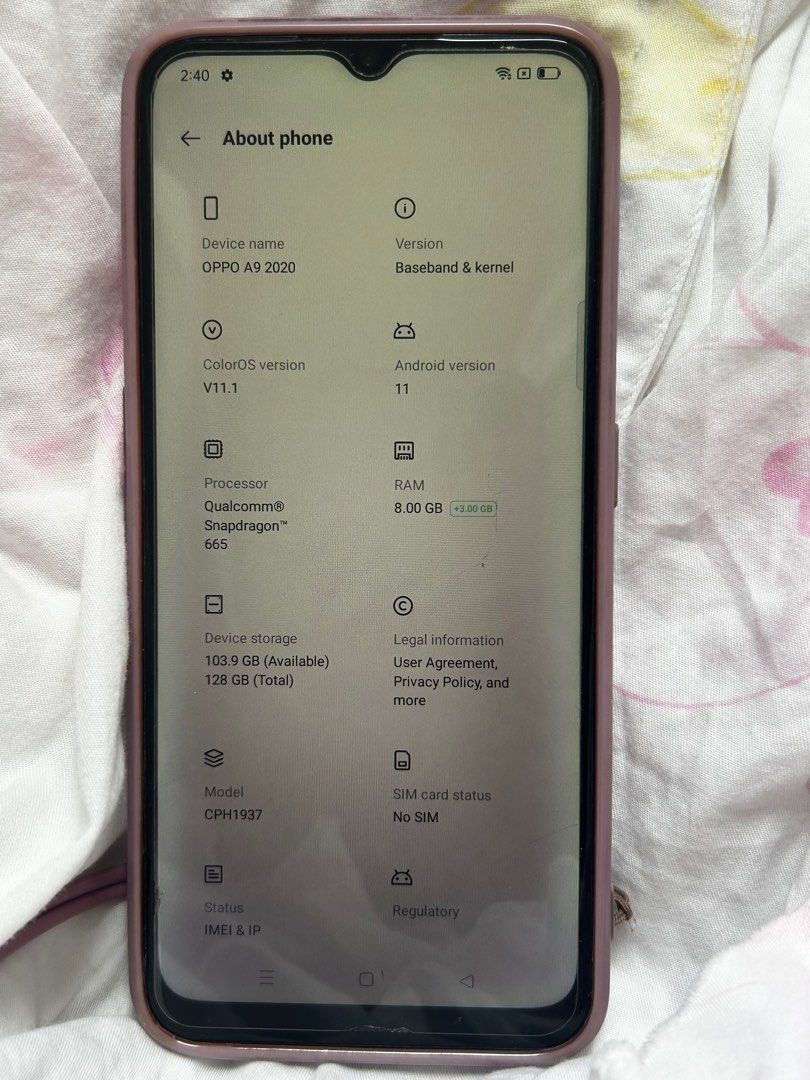 Android Oppo A92020 (Category: OPPO) located in Davao. Submitted by dollznskullz (Listing ID 1377258718, Image 3). Description: 📱 Oppo A9 2020 – For Sale! • Display: 6.5″ HD+ (1600×720) IPS LCD with Gorilla Glass 3, waterdrop notch ￼ • Performance: Snapdragon 665 octa‑core, Adreno 610 GPU, 8 GB RAM, 128 GB storage (expandable via microSD) ￼ • Cameras: 48 MP main + 8 MP ultra-wide + 2 MP mono + 2 MP depth (rear), 16 MP selfie, shoots 4 K video, N
