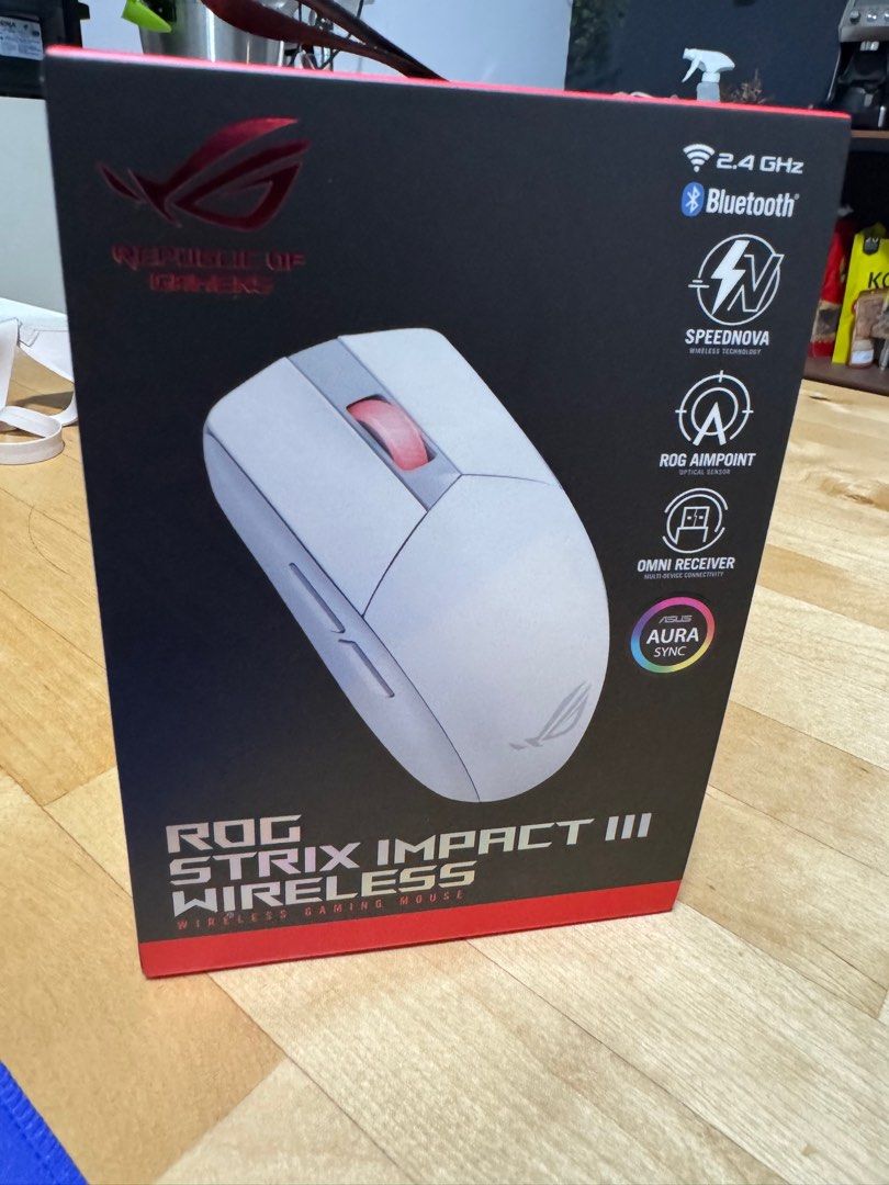 ASUS ROG Strix Impact III Wireless Gaming Mouse (Category: Mouse & Mousepads) located in Singapore. Submitted by jonathanquekk (Listing ID 1377301520, Image 1). Description: Brand new ASUS ROG Strix Impact III Wireless gaming mouse. -Features 2.4 GHz and Bluetooth connectivity, 36,000 DPI, and 450-hour battery life. - Includes 5 programmable buttons and a lightweight design. - Comes with all original accessories. RTP 90 bucks .