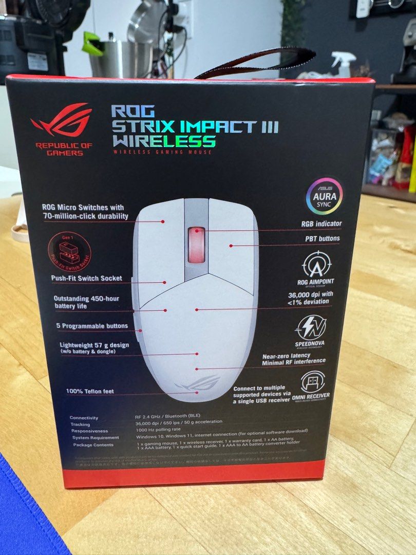 ASUS ROG Strix Impact III Wireless Gaming Mouse (Category: Mouse & Mousepads) located in Singapore. Submitted by jonathanquekk (Listing ID 1377301520, Image 2). Description: Brand new ASUS ROG Strix Impact III Wireless gaming mouse. -Features 2.4 GHz and Bluetooth connectivity, 36,000 DPI, and 450-hour battery life. - Includes 5 programmable buttons and a lightweight design. - Comes with all original accessories. RTP 90 bucks .