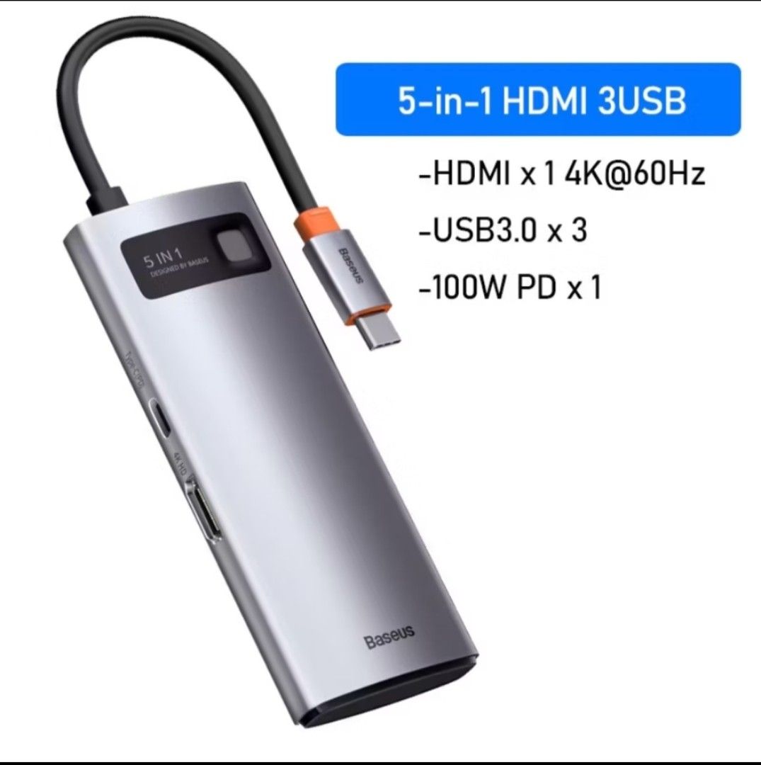 Baseus USB C Hub Type C 5-in-1 (Category: Other Accessories) located in Singapore. Submitted by dwmt_caro (Listing ID 1377322301, Image 1). Description: Supports 4K@60Hz 100W PD.
