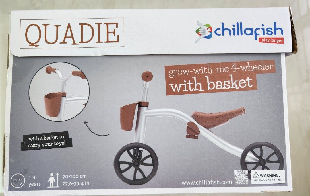 Chillafish Quadie Grow-With-Me 4-Wheeler Tricycle (Category: Infant Playtime) located in Singapore. Submitted by starzing (Listing ID 1377238297, Image 1). Description: - Brand New Chillafish Quadie 4-wheeler tricycle, still unboxed - Suitable for ages 1-3 years - Features: - Basket - Adjustable seat - Carrying handle - Includes sticker sheets - Adult assembly required - Maximum weight capacity: 25 kg.