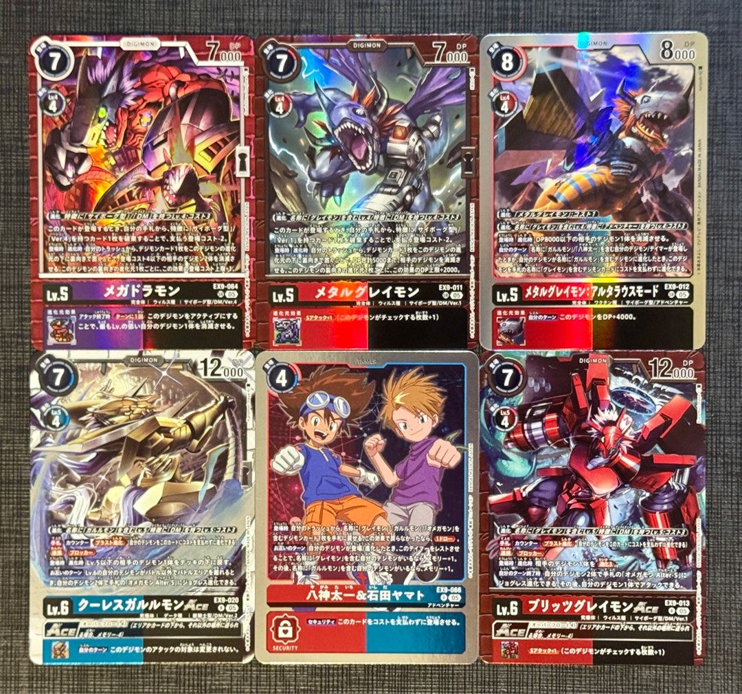 Megadramon EX9-064 Metal Greymon EX9-011 MetalGreymon: Alterous Mode  EX9-012 CresGarurumon ACE EX9-020 Tai Kamiya & Matt Ishida EX9-066  BlitzGreymon ACE EX9-013 digimon EX9 EX-9 EX09 card game tcg cards, Hobbies  & Toys,