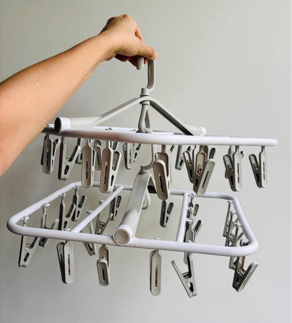 Foldable Dual Layer Clothes Drying Hanger with Clips / 2 Layer Drying Rack