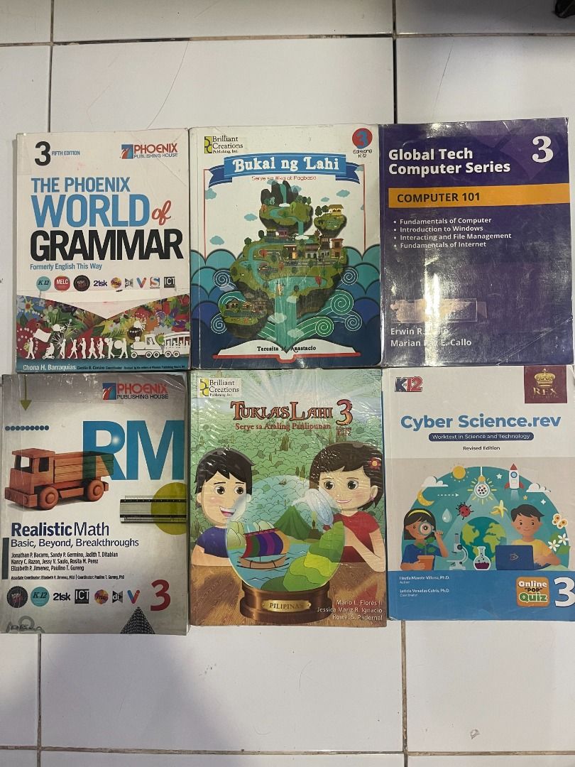 GRADE 3 BOOKS (Category: Textbooks) located in Manila. Submitted by john.john89 (Listing ID 1377291054, Image 1). Description: WORLD OF GRAMMAR 3 BUKAL NG LAHI 3 GLOBAL TECH COMPUTER SERIES 3 CYBER SCIENCE.REV 3 TUKLAS LAHI 3 REALISTIC MATH 3.