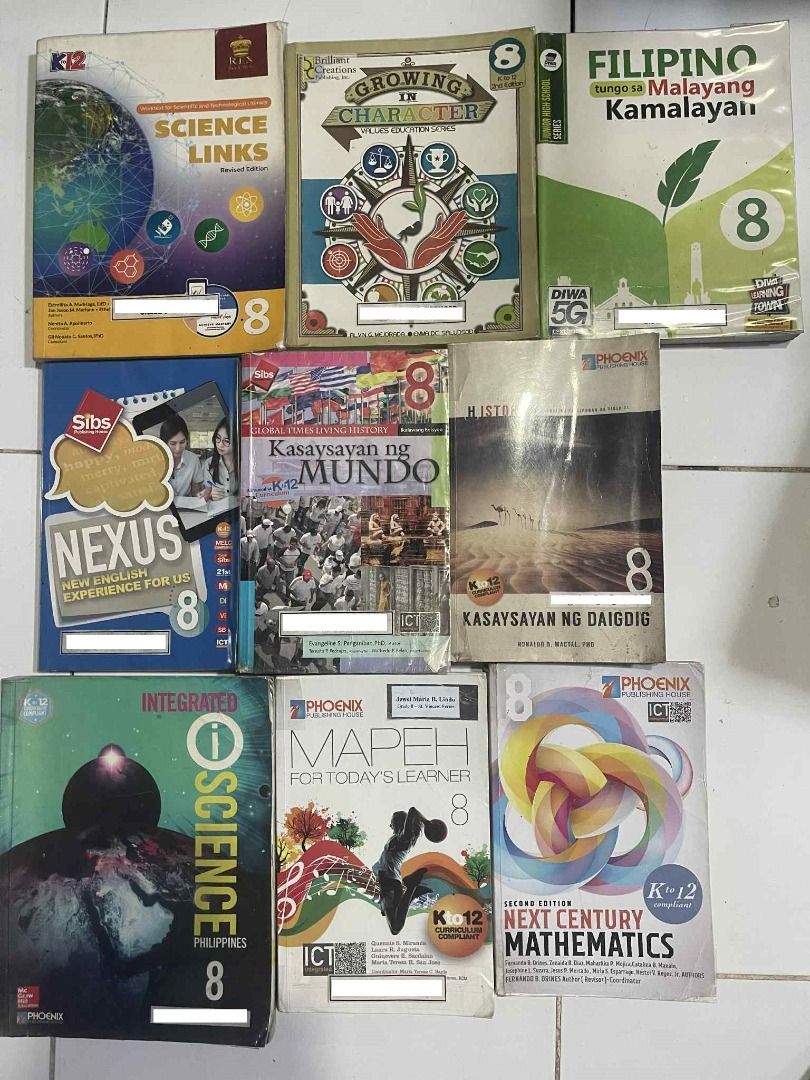 GRADE 8 BOOKS (Category: Textbooks) located in Manila. Submitted by john.john89 (Listing ID 1377289980, Image 1). Description: PINAGYAMANG PLUMA 8 MAPEH 8 KASAYSAYAN NG KABIHASNANG ASYASNO 8 FUNDAMENTALS OF WEB APPLICATION DEVELOPMENT 8 NEXT CENTURY MATHEMATICS 8 PINAGYAMANG PLUMA IKALAWANG EDISYON 8 MUSIC ARTS PHYSICAL EDUCATION HEALTH 8 MY FAMILY: A GIFT OF GOD 8 AFRO-ASIAN LITERATURE 8 ENGLISH COMMUNICATION ARTS AND SKILLS THROUGH AFRO-ASIAN L