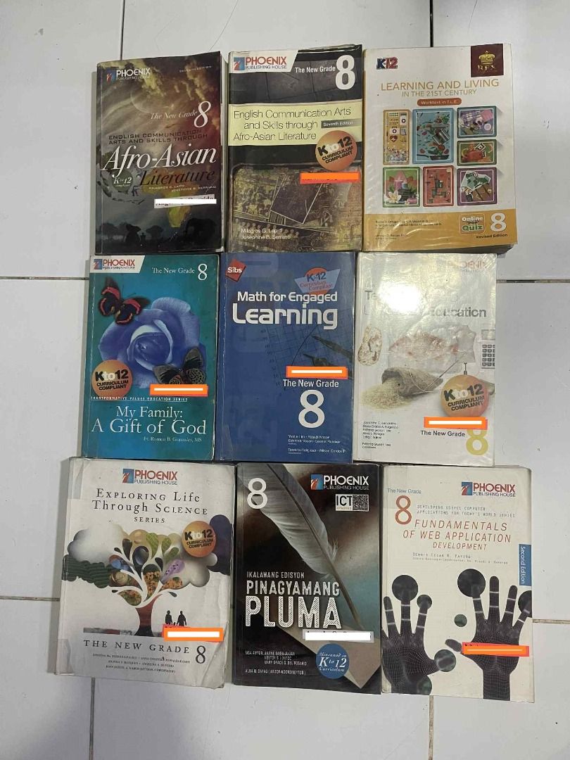 GRADE 8 BOOKS (Category: Textbooks) located in Manila. Submitted by john.john89 (Listing ID 1377289980, Image 3). Description: PINAGYAMANG PLUMA 8 MAPEH 8 KASAYSAYAN NG KABIHASNANG ASYASNO 8 FUNDAMENTALS OF WEB APPLICATION DEVELOPMENT 8 NEXT CENTURY MATHEMATICS 8 PINAGYAMANG PLUMA IKALAWANG EDISYON 8 MUSIC ARTS PHYSICAL EDUCATION HEALTH 8 MY FAMILY: A GIFT OF GOD 8 AFRO-ASIAN LITERATURE 8 ENGLISH COMMUNICATION ARTS AND SKILLS THROUGH AFRO-ASIAN L
