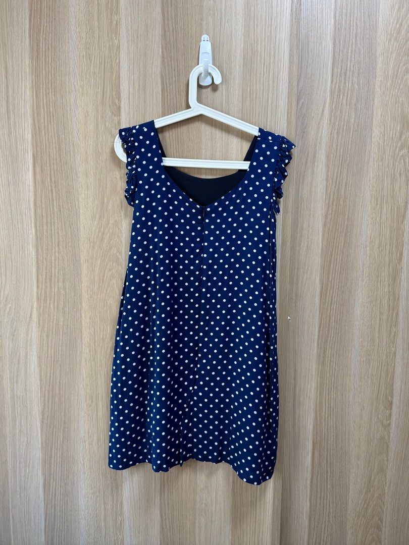 Hollyhoque Blue Polka Dot Dress with Ruffle Sleeves (S) (Category: Dresses) located in Singapore. Submitted by mommamia_ (Listing ID 1377306081, Image 2). Description: Brand: Hollyhoque Size: S PTP 42cm Length 83cm Like new. Worn once No additional photos as item is kept after taking photos. Add $2 for postage. Otherwise, meet up at AMK/Bishan **Get this item for free if you purchase min 5 items at published price** **Lowest priced item will be f