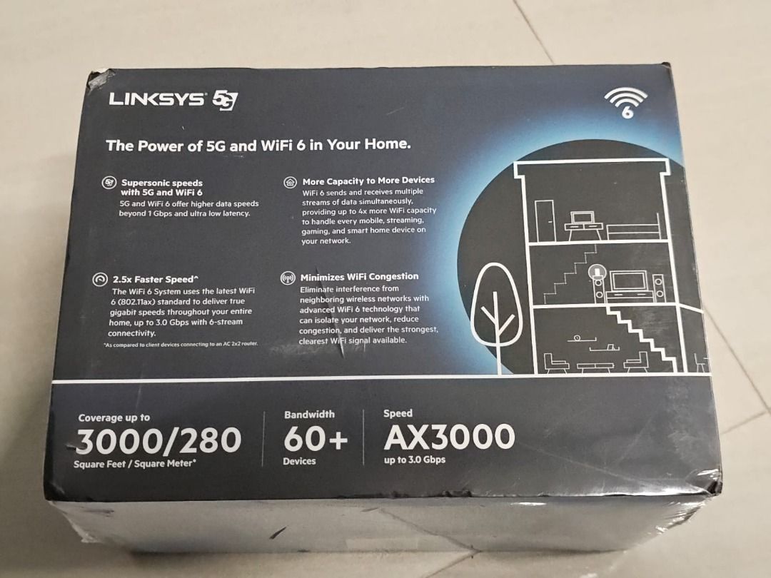 Linksys FGW3000 5G Wi-Fi 6 (AX3000) router (Category: Networking) located in Singapore. Submitted by chapter78 (Listing ID 1377263121, Image 2). Description: Bought this on 11 Jun 2025 to test the 5g connection at my new house. For whatever reason, it doesn't work with my Circle.Life 5g at my new place but work fine at current house, hence selling. 3 years warranty yet to register. - Support to 60+ devices - AX3000 up to 3.0Gbps - Coverage up to 