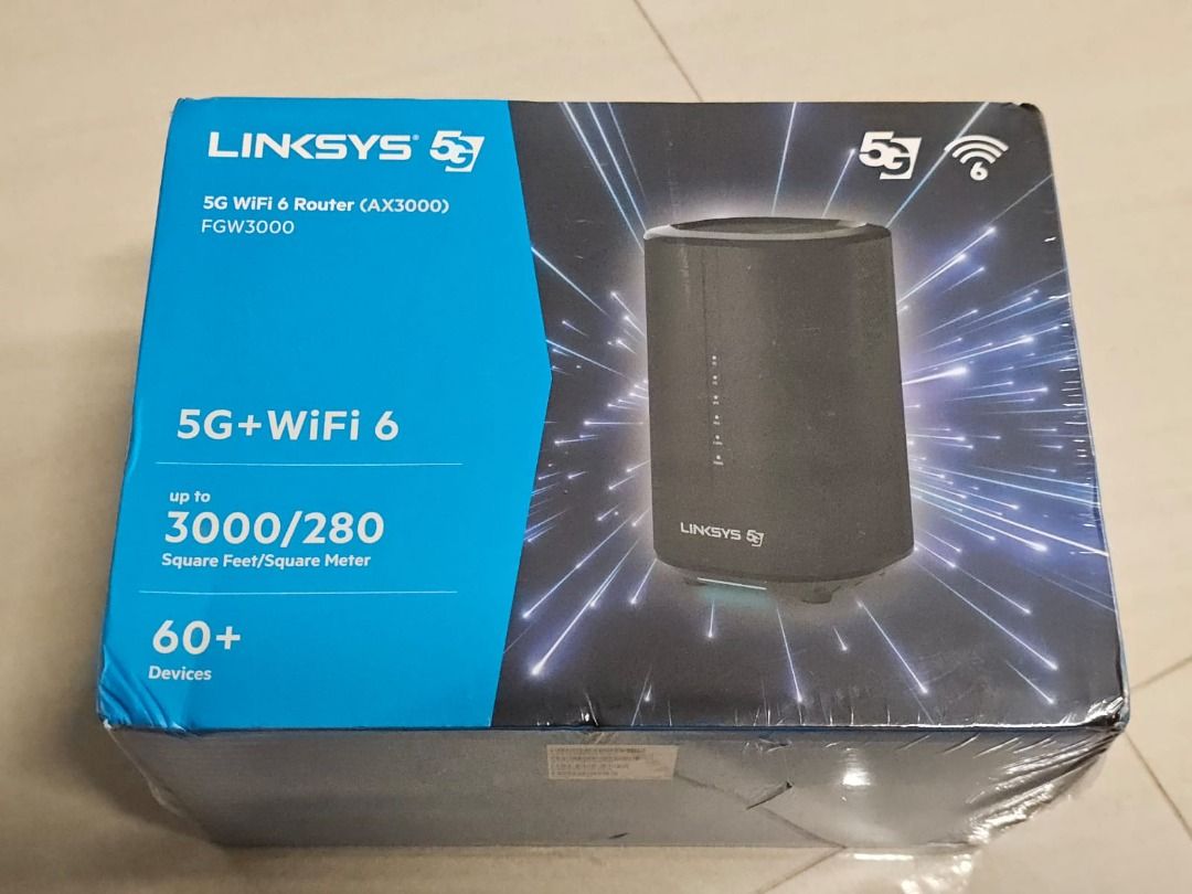 Linksys FGW3000 5G Wi-Fi 6 (AX3000) router (Category: Networking) located in Singapore. Submitted by chapter78 (Listing ID 1377263121, Image 3). Description: Bought this on 11 Jun 2025 to test the 5g connection at my new house. For whatever reason, it doesn't work with my Circle.Life 5g at my new place but work fine at current house, hence selling. 3 years warranty yet to register. - Support to 60+ devices - AX3000 up to 3.0Gbps - Coverage up to 