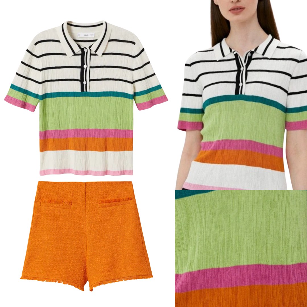 MANGO SET Striped Knit Textured Polo Shirt and Orange Tweed Shorts ...
