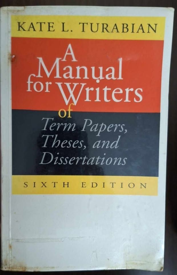 Manual for Thesis Writers (Category: Textbooks) located in Manila. Submitted by dlssbc (Listing ID 1377200961, Image 1). Description: A Manual for Writers of Term Papers, Theses, and Dissertations Written by Kate L. Turabian 6th Edition, 1996 print by National Bookstore, under license from University of Chicago Press. Book is in very good condition and covered in plastic. Selling for P750. MOP: BDO or GCash Delivery via Lalamove. Buyer shoulders 