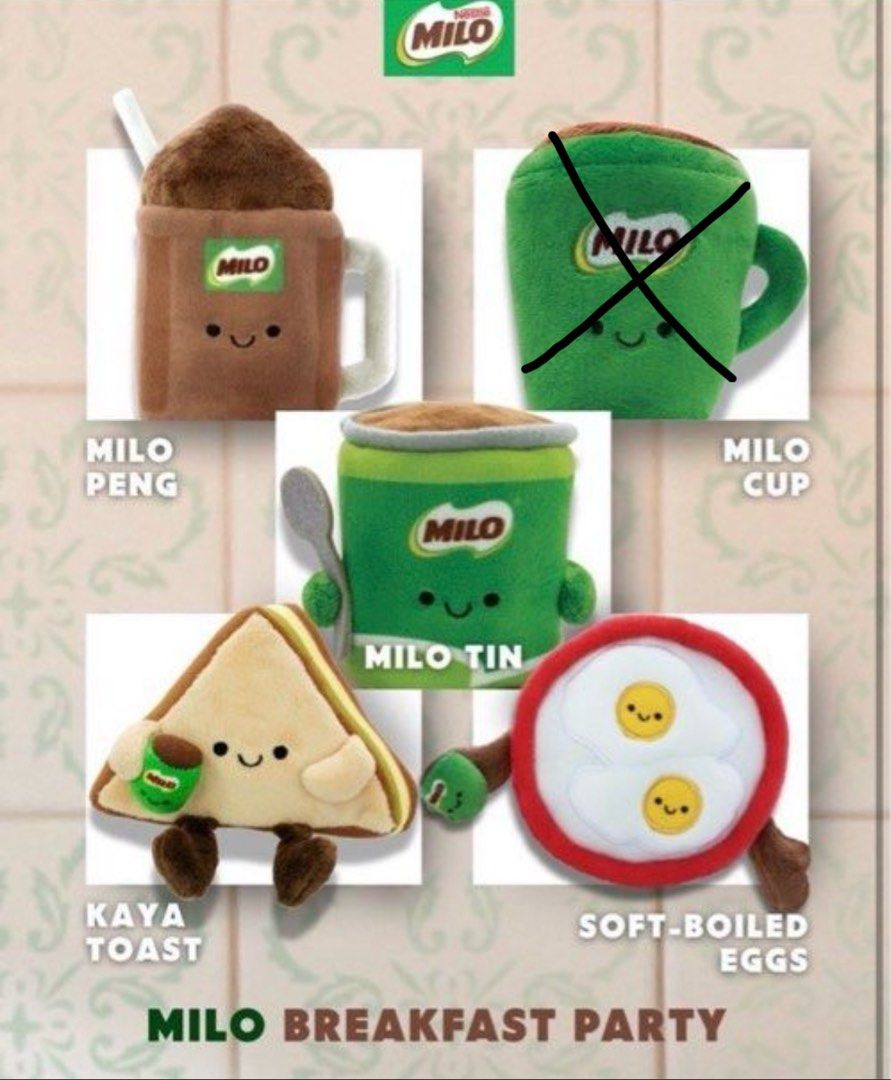 Milo Plush - The Breakfast Set (Category: Toys & Games) located in Singapore. Submitted by clouddoubles (Listing ID 1377195507, Image 1). Description: Milo Plush - The Breakfast Set Available: - Milo Peng ($10) - Milo Tin ($10) - Kaya Toast ($20) - Soft Boiled Eggs ($20) - All 4 for $50 ✨ Note: does not come with Milo sachets Pm for more information .