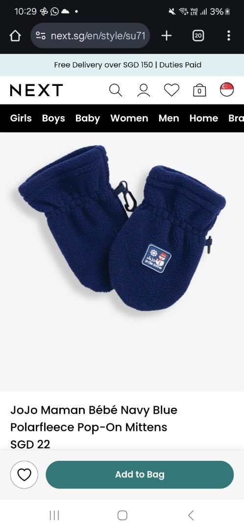 Next baby JoJo Maman Bébé Navy Blue Polarfleece Pop-On Mittens (Category: Babies & Kids Fashion) located in Singapore. Submitted by xoxoy3 (Listing ID 1377338023, Image 1). Description: 6-12 mth Our Polarfleece Pop-On Mittens in navy are simply the easiest way to keep your baby's hands cosy. The thumbless design means they are really easy to get on and off, and handy clips (no hooks!) allow them to be attached to our jackets and all-in-ones, mean
