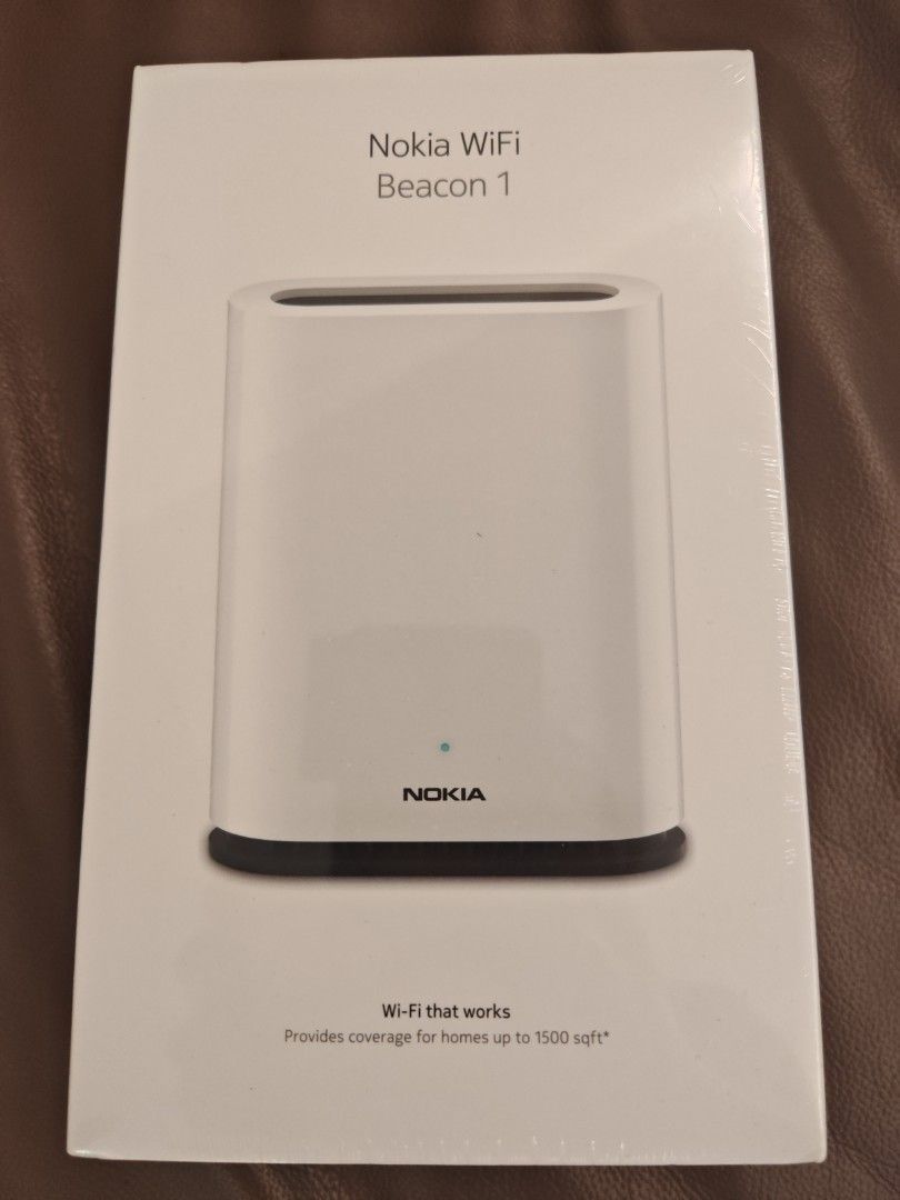 Nokia WiFi Beacon 1 - Brand New (Category: Networking) located in Singapore. Submitted by bernard3393 (Listing ID 1377292288, Image 1). Description: - Brand new, sealed Nokia WiFi Beacon 1 router. - Provides coverage for homes up to 1500 sqft. - Easy setup and use. - Eliminates WiFi dead spots. - Supports the Nokia WiFi app. - Includes: Router, Ethernet cable, and quick start guide..