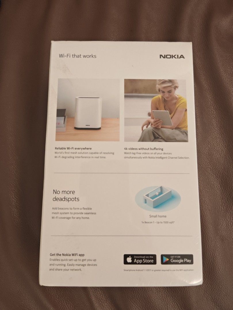 Nokia WiFi Beacon 1 - Brand New (Category: Networking) located in Singapore. Submitted by bernard3393 (Listing ID 1377292288, Image 2). Description: - Brand new, sealed Nokia WiFi Beacon 1 router. - Provides coverage for homes up to 1500 sqft. - Easy setup and use. - Eliminates WiFi dead spots. - Supports the Nokia WiFi app. - Includes: Router, Ethernet cable, and quick start guide..
