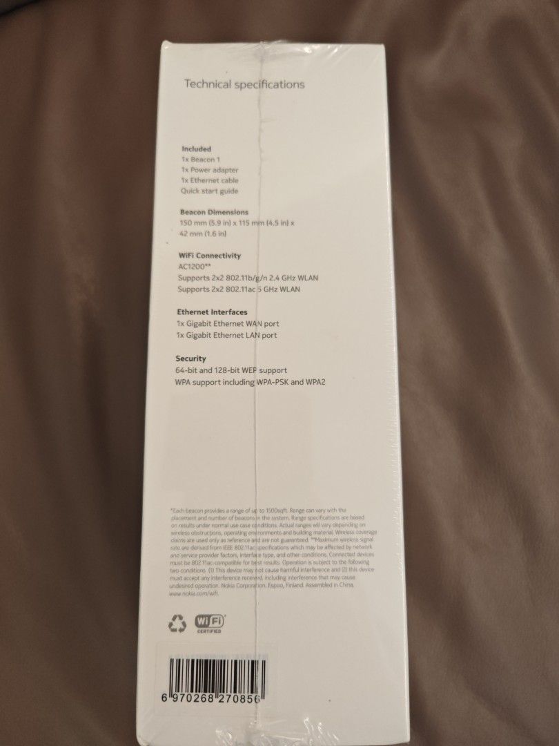 Nokia WiFi Beacon 1 - Brand New (Category: Networking) located in Singapore. Submitted by bernard3393 (Listing ID 1377292288, Image 3). Description: - Brand new, sealed Nokia WiFi Beacon 1 router. - Provides coverage for homes up to 1500 sqft. - Easy setup and use. - Eliminates WiFi dead spots. - Supports the Nokia WiFi app. - Includes: Router, Ethernet cable, and quick start guide..