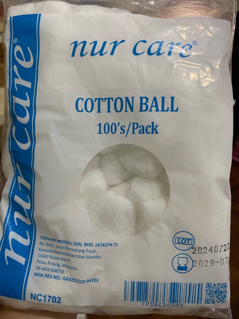 Nur Care Cotton Balls - 100s/Pack (Category: Other Baby Bathing & Changing Needs) located in Singapore. Submitted by sonified (Listing ID 1377221892, Image 2). Description: Selling 5 packs of Nur Care cotton balls. Each pack contains 100 cotton balls. Expiry date is 2029-07. Perfect for various uses such as skincare, first aid, or general cleaning. Brand new and sealed..