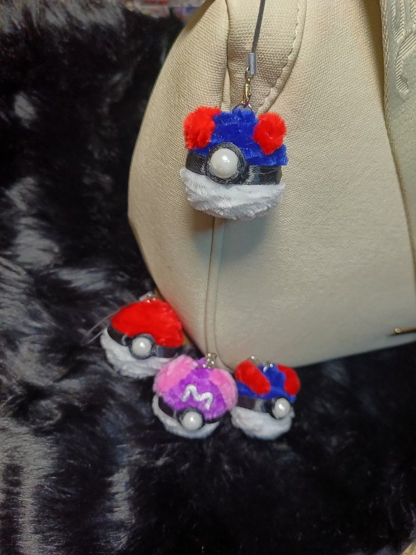 POKEMON BALLS BAG CHARMS (Category: Character Goods) located in Manila. Submitted by hobbievert.ph (Listing ID 1377330583, Image 3). Description: bring your pokemon balls with you wherever you go... AS BAG CHARMS! handmade from fuzzy wires by yours truly. available: (5) POKEBALL - 20 EACH (5) GREAT BALL - 25 EACH (5) MASTERBALL - 30 EACH..