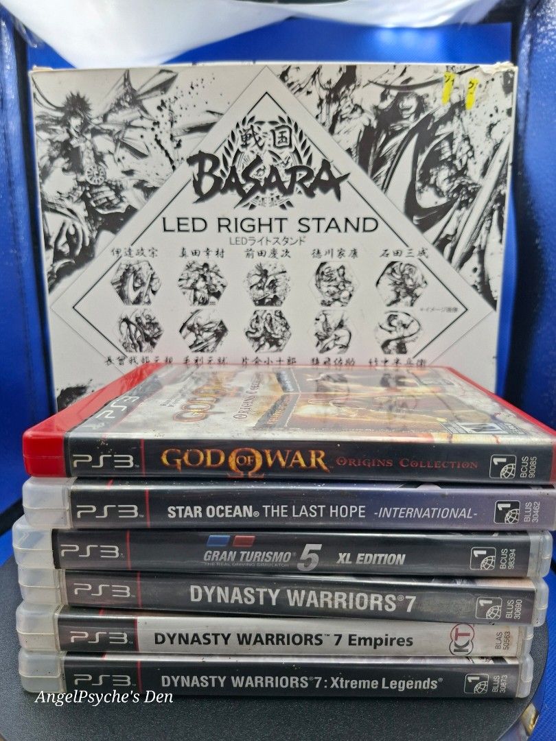 PS3 Games bundle (Category: PlayStation) located in Guiguinto. Submitted by angelpsyche (Listing ID 1377233448, Image 1). Description: >>>>FOR SALE<<<< PS3 game bundle of 6 Includes: *God of War *Dynasty Warriors 7 *Dynasyy Warriors 7 : Empires *Dynasty Warriors7: Extreme Legends *Star Ocean Last Hope *GranTurismo 5 *Notes* * All used CDs in english included: Basara led light stand. (working, in good condition and slightly used) * I can provide m