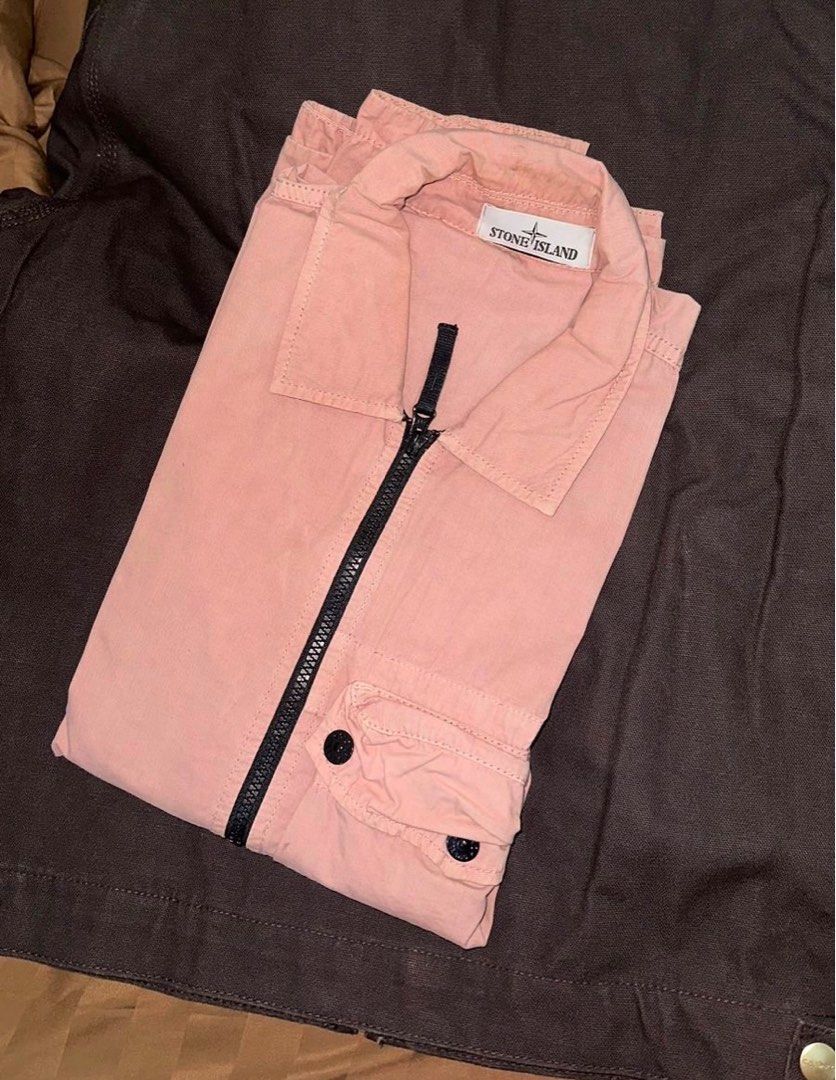 stone island overshirt pink M kolpri, Fesyen Pria, Pakaian Baju