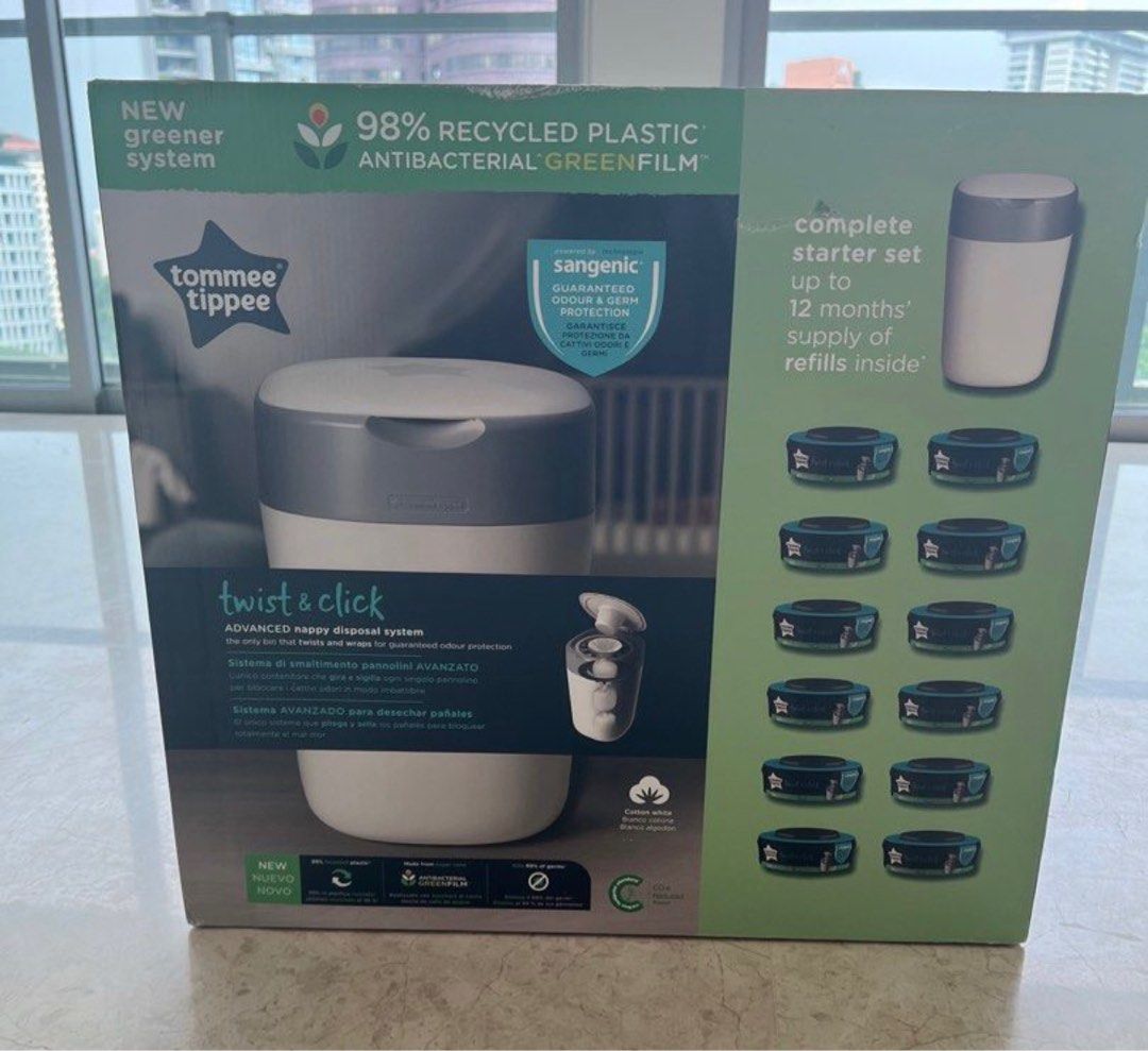Tommee Tippee Twist & Click Nappy Disposal System - Complete Starter Set (Category: Diapers & Baby Wipes) located in Singapore. Submitted by sequoia.seed (Listing ID 1377270628, Image 2). Description: Tommee Tippee Twist & Click Nappy Disposal System – Complete Starter Set Includes: ✅ Nappy bin unit ✅ Refill cassettes ❌ No original box ✅ Used for only 1 month – mint condition 🛡️ Key Features: Twist & Click system wraps each nappy to lock in odou